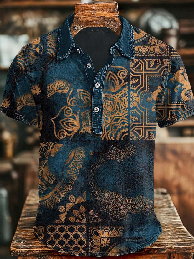 Vintage Floral Print Casual Short Sleeve Polo Shirt