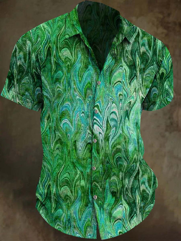 Vintage Rendered Print Casual Short Sleeve Shirt
