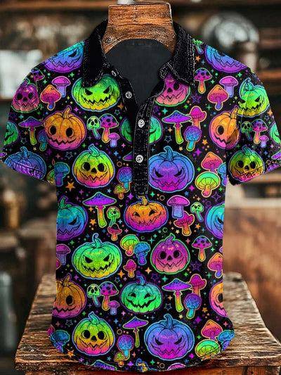 Halloween Colorful Pumpkin Print Casual Short Sleeve Polo Shirt