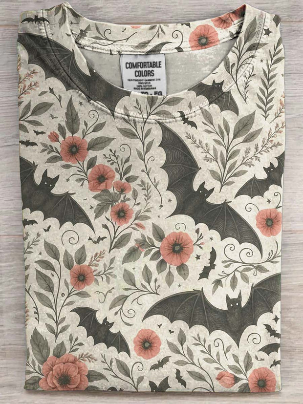 Halloween Bat Floral Print Casual Short Sleeve T-Shirt