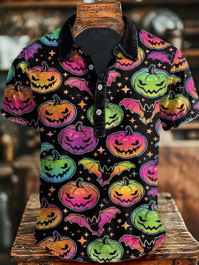 Halloween Colorful Pumpkin Print Casual Short Sleeve Polo Shirt