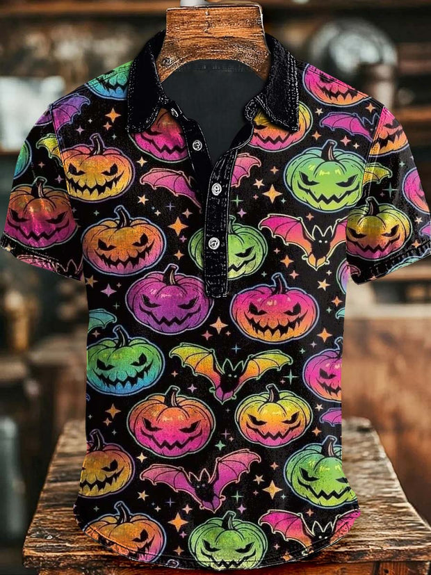 Halloween Colorful Pumpkin Print Casual Short Sleeve Polo Shirt
