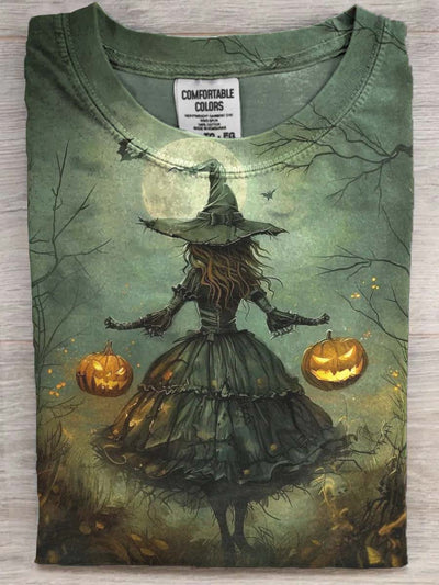 Halloween Witch Pumpkin Print Casual Short Sleeve T-Shirt