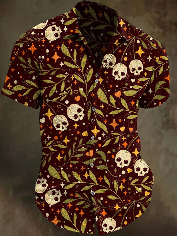 Halloween Abstract Skull Print Casual Short Sleeve Shirt