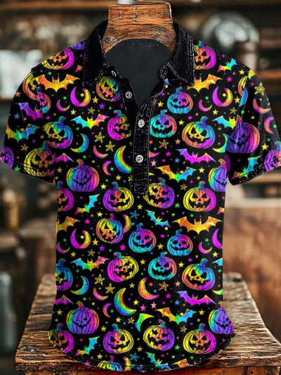 Halloween Colorful Pumpkin Print Casual Short Sleeve Polo Shirt