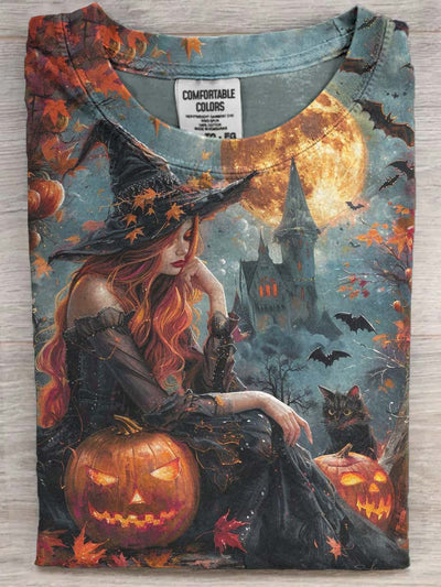 Halloween Witch Pumpkin Print Casual Short Sleeve T-Shirt
