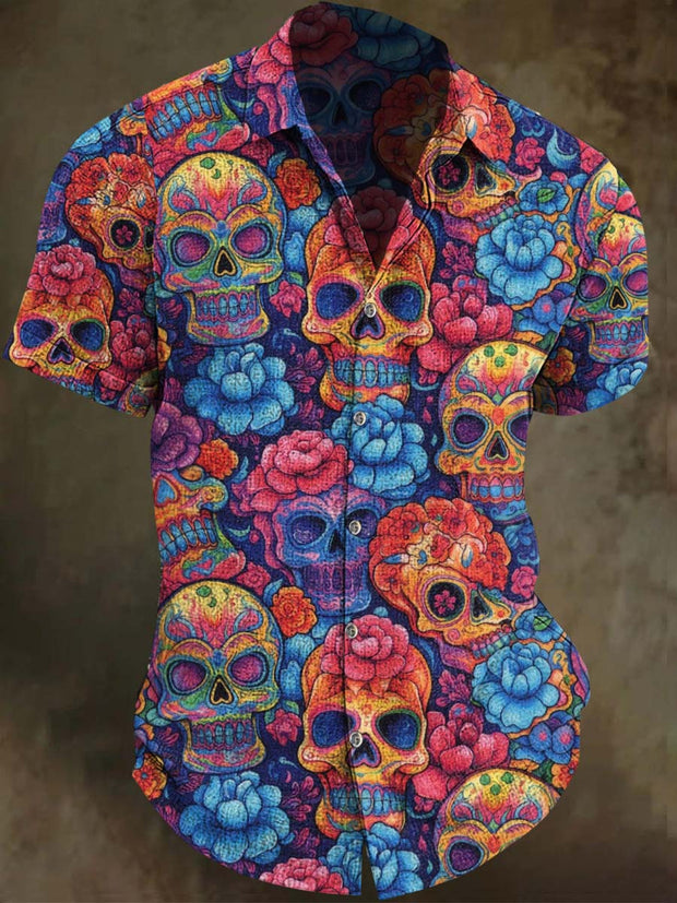 Halloween Floral Skull Print Casual Short Sleeve Shirt