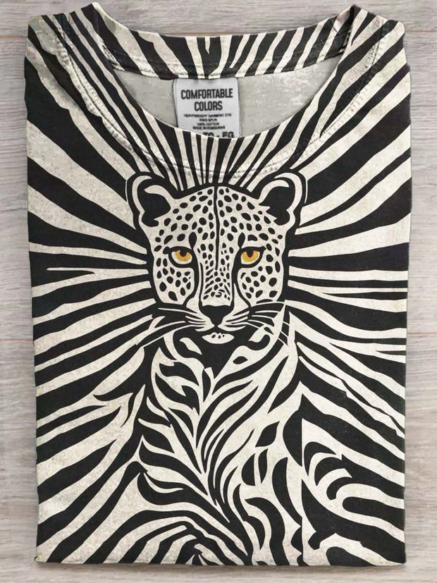 Art Abstract Line Panther Print Casual Short Sleeve T-Shirt