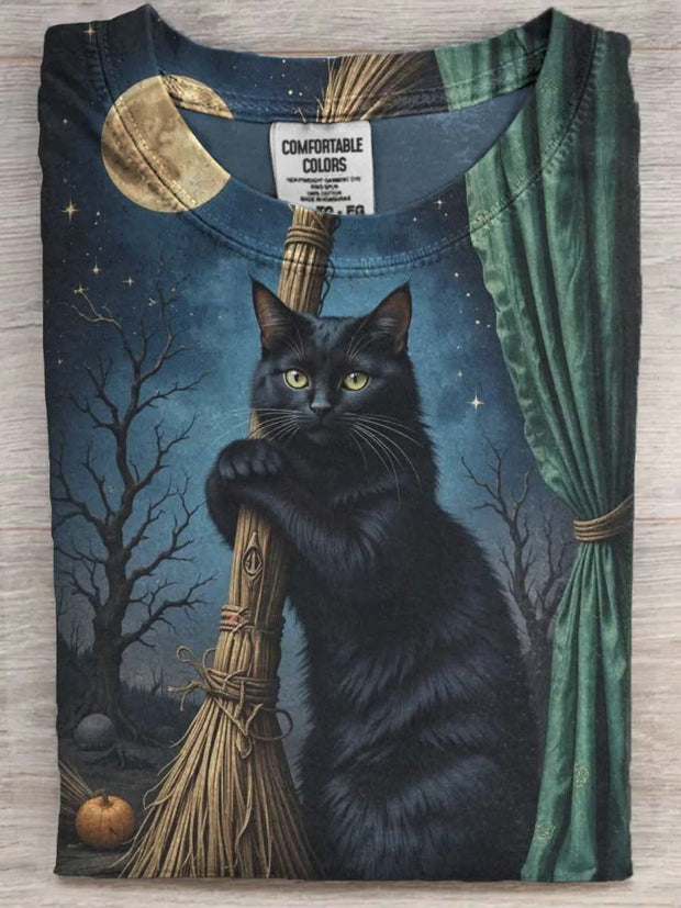 Halloween Broom Cat Print Casual Short Sleeve T-Shirt