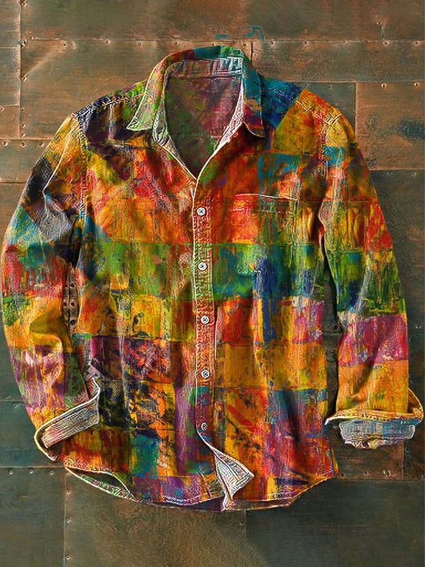 Abstract Color Plaid Printed Casual Long Sleeve Shirt
