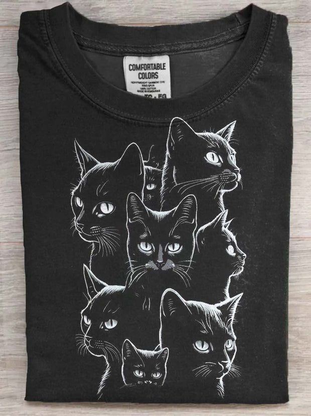 Halloween Black Cat Print Casual Short Sleeve T-Shirt