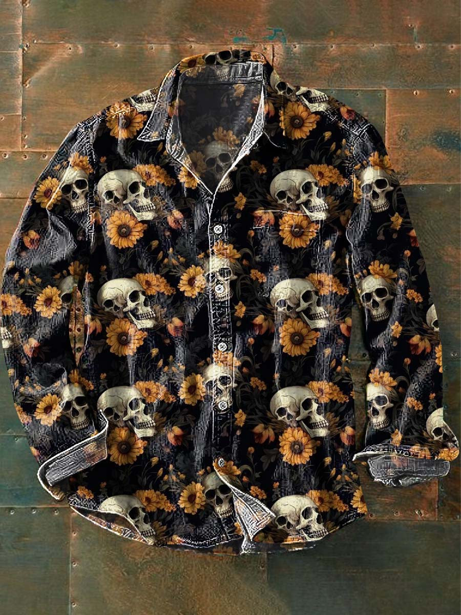 Halloween Floral Skull Print Casual Long Sleeve Shirt
