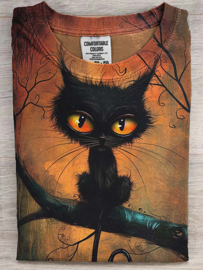 Halloween Black Cat Print Casual Short Sleeve T-Shirt