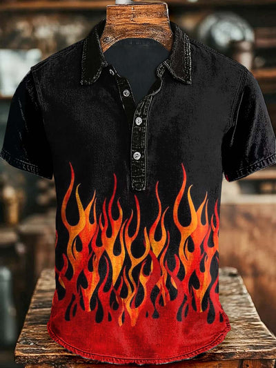 Halloween Gradient Flame Print Casual Short Sleeve Polo Shirt
