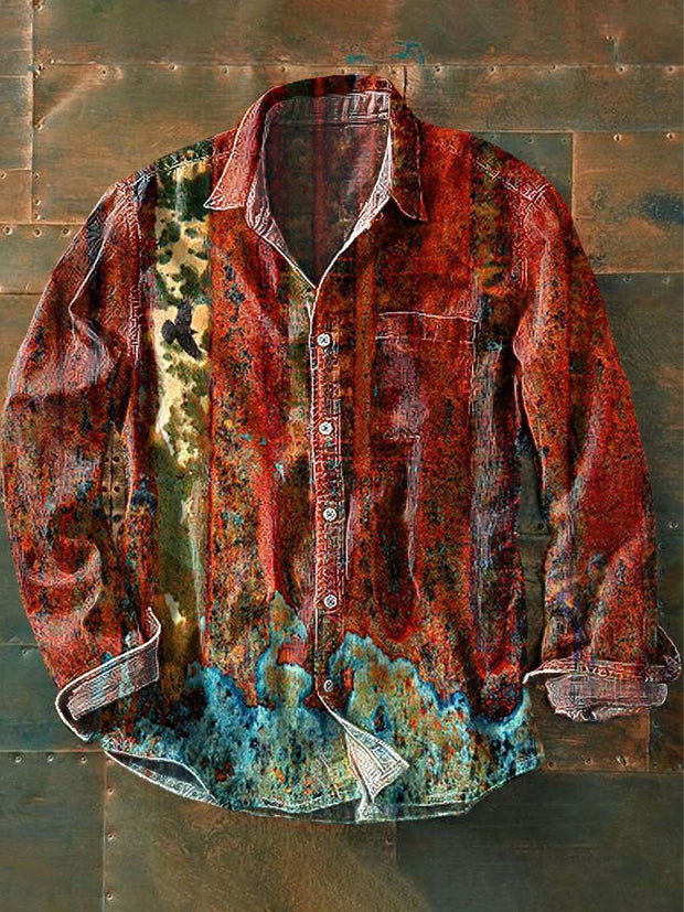 Vintage Clashing Color Splicing Printed Casual Long Sleeve Shirt