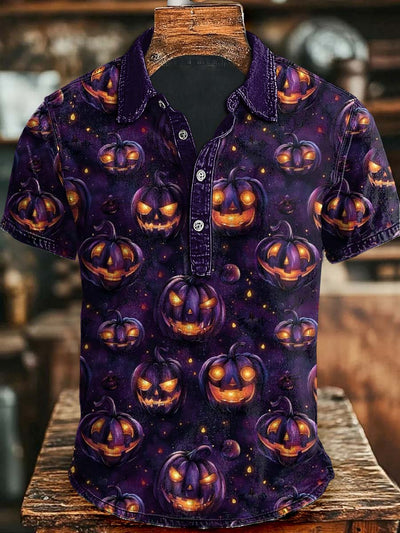 Halloween Evil Pumpkin Print Casual Short Sleeve Polo Shirt