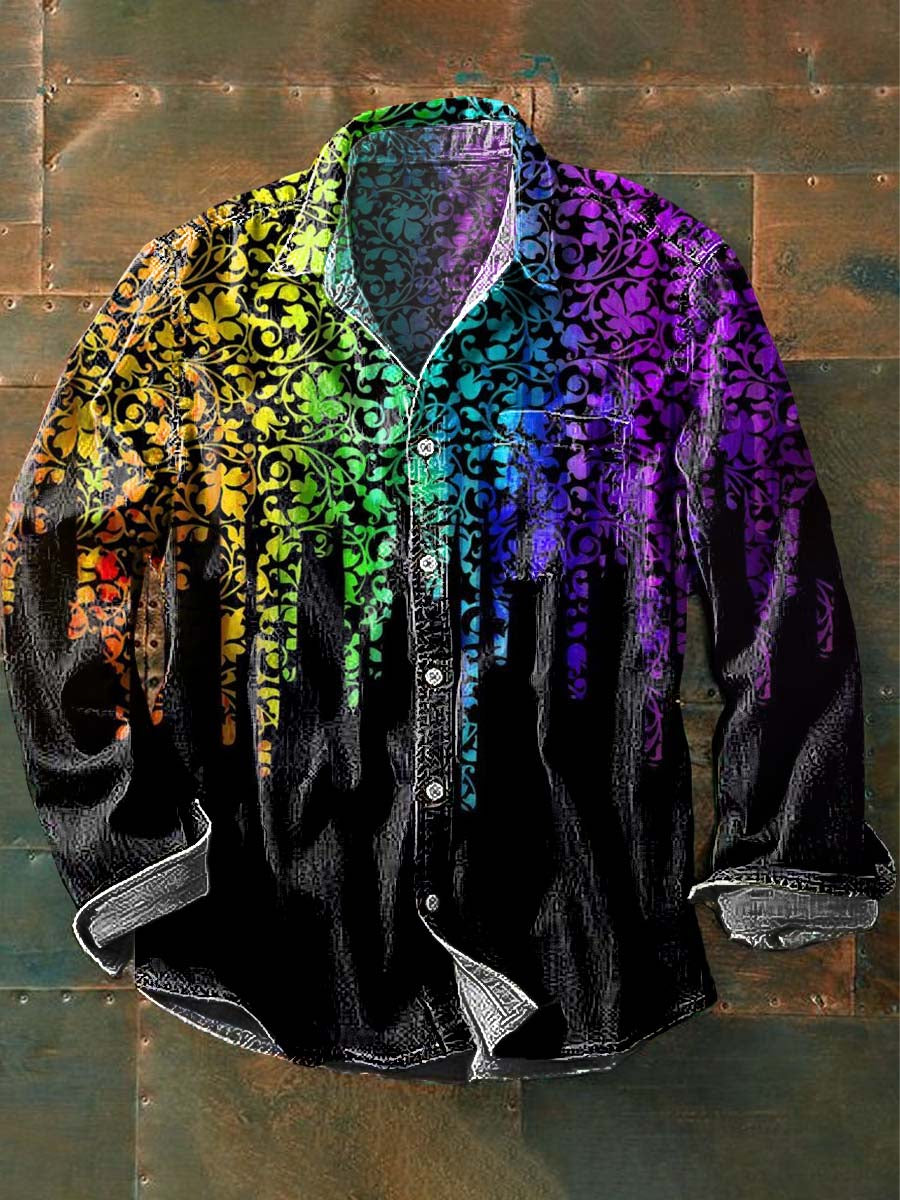 Colorful Gradient Floral Print Casual Long Sleeve Shirt
