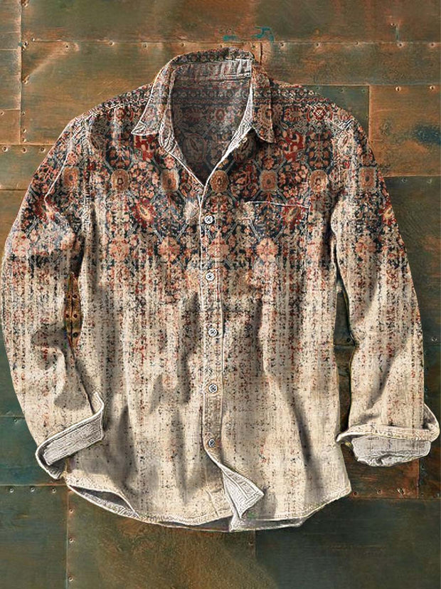 Vintage Floral Gradient Print Casual Long Sleeve Shirt