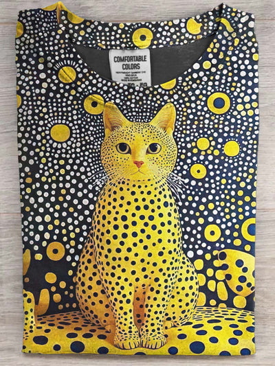 Art Abstract Polka Dot Cat Print Casual Short Sleeve T-Shirt