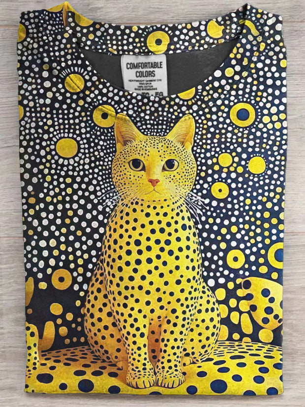 Art Abstract Polka Dot Cat Print Casual Short Sleeve T-Shirt