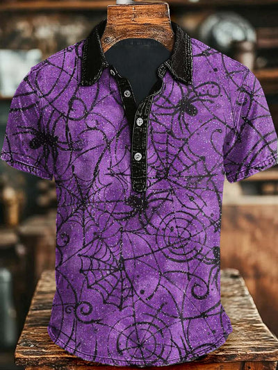 Halloween Spider Web Print Casual Short Sleeve Polo Shirt