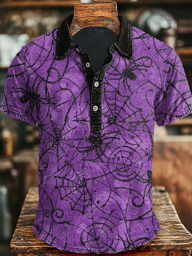 Halloween Spider Web Print Casual Short Sleeve Polo Shirt