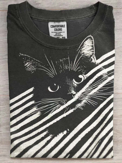 Art Abstract Line Black Cat Print Casual Short Sleeve T-Shirt