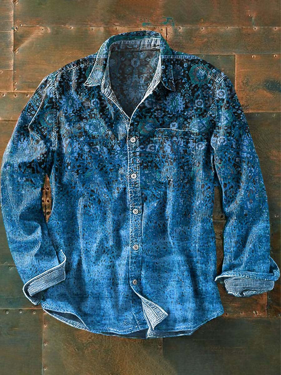 Vintage Floral Gradient Print Casual Long Sleeve Shirt