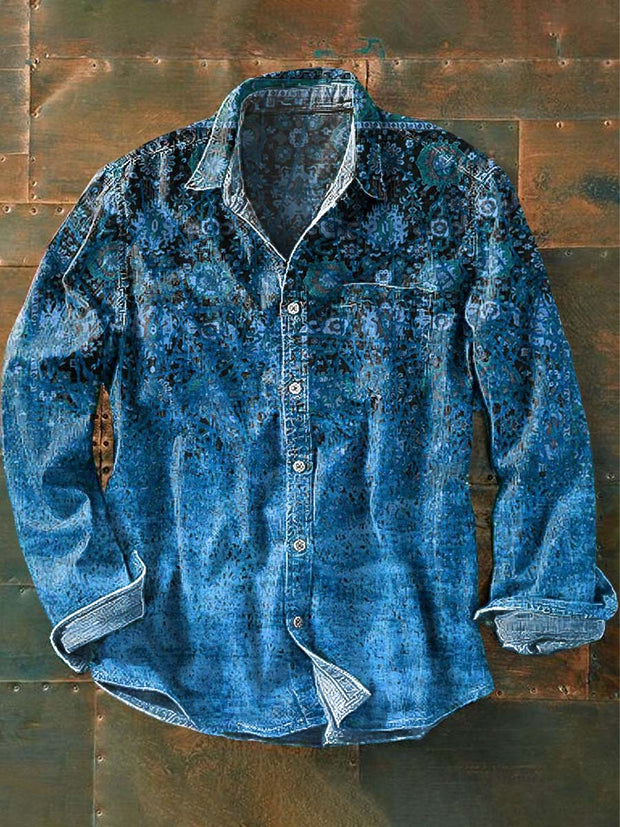 Vintage Floral Gradient Print Casual Long Sleeve Shirt