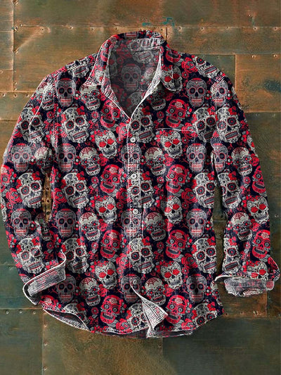 Halloween Floral Skull Print Casual Long Sleeve Shirt