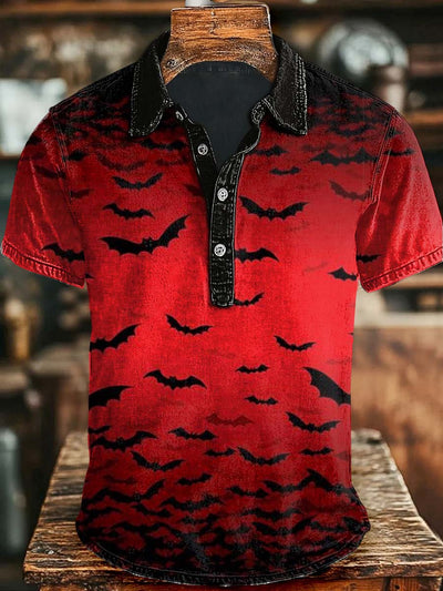 Halloween Bat Print Casual Short Sleeve Polo Shirt