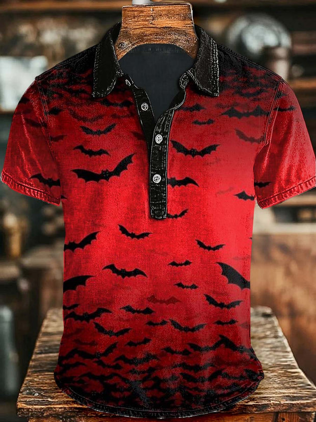 Halloween Bat Print Casual Short Sleeve Polo Shirt
