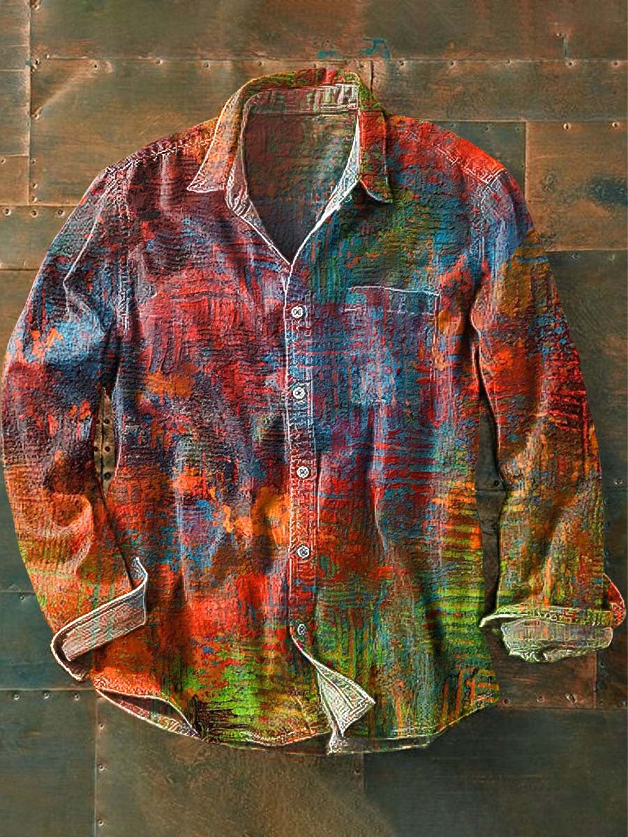 Vintage Colorblocked Aged Printed Casual Long Sleeve Shirt