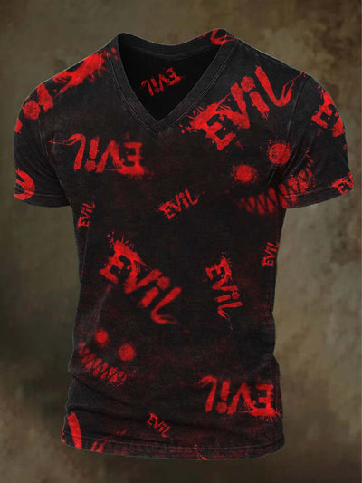 Halloween Evil Smiley Print Casual V-Neck T-Shirt