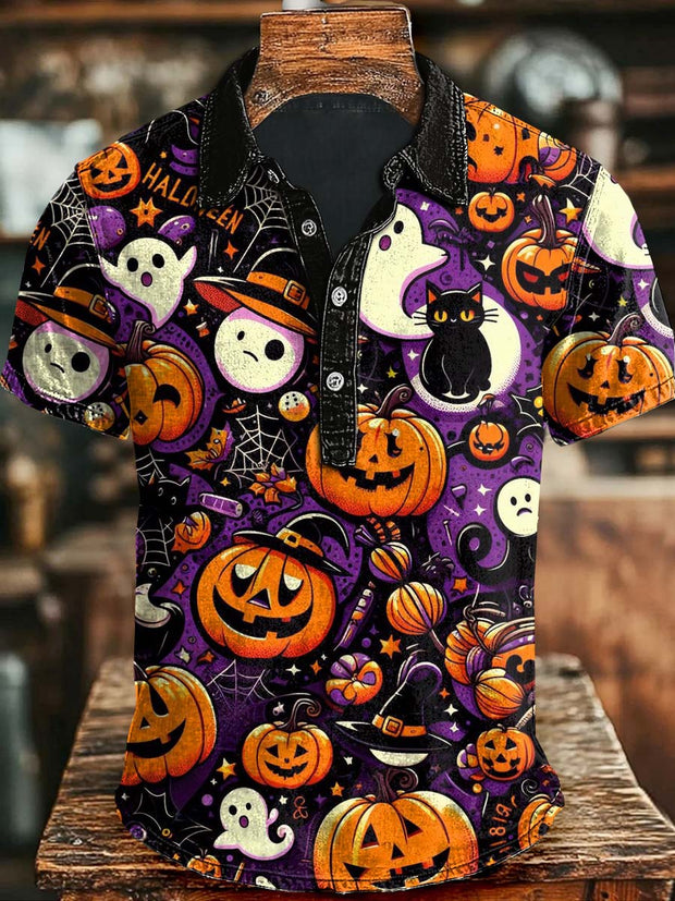 Halloween Pumpkin Black Cat Print Casual Short Sleeve Polo Shirt