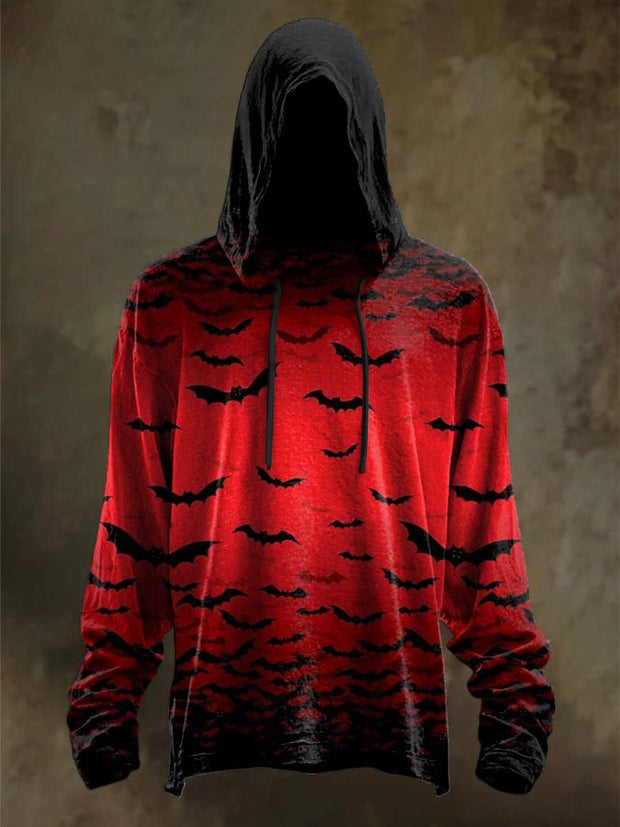 Halloween Gradient Bat Print Casual Long Sleeve Hooded Sweatshirt