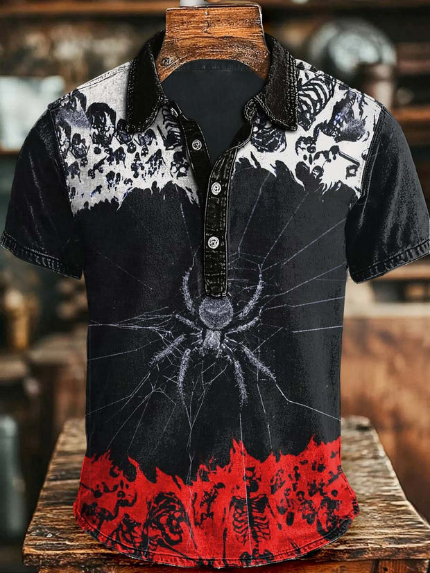 Halloween Spider Skull Print Casual Short Sleeve Polo Shirt