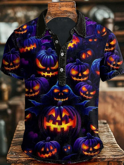 Halloween Evil Pumpkin Print Casual Short Sleeve Polo Shirt