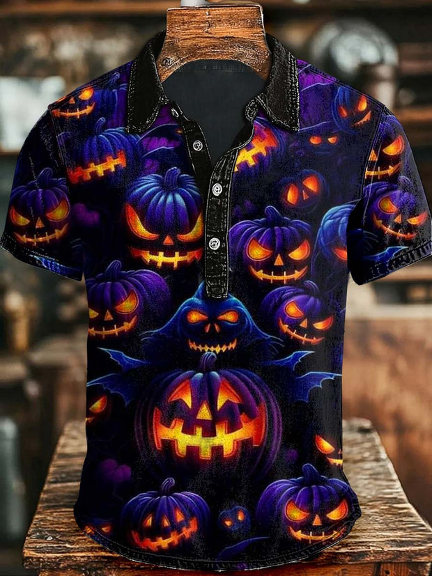 Halloween Evil Pumpkin Print Casual Short Sleeve Polo Shirt