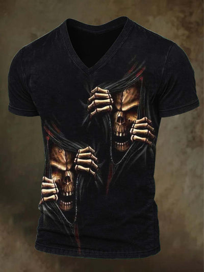 Halloween Evil Skull Print Casual V-Neck T-Shirt