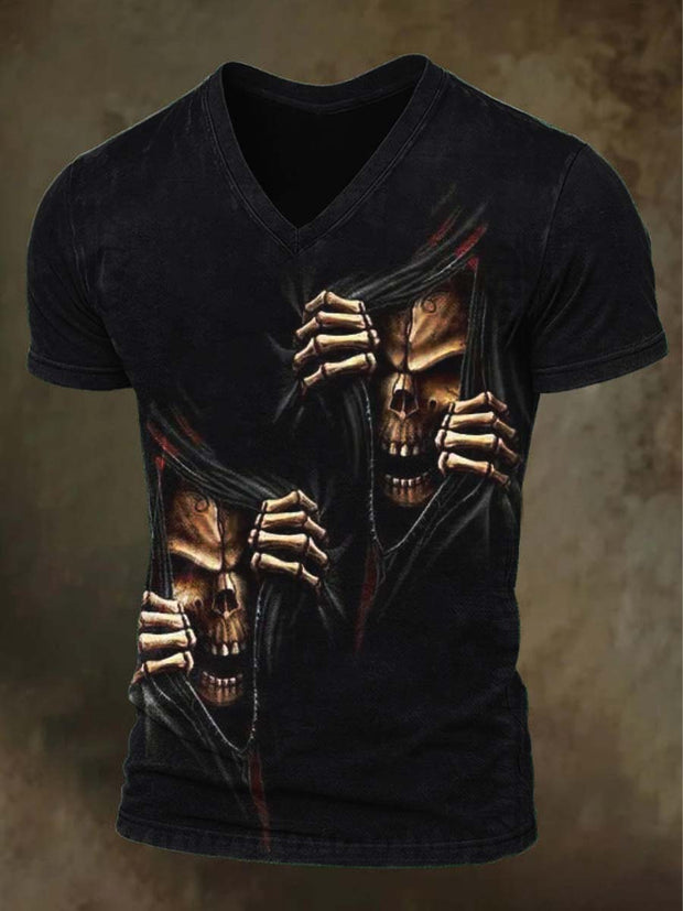 Halloween Evil Skull Print Casual V-Neck T-Shirt