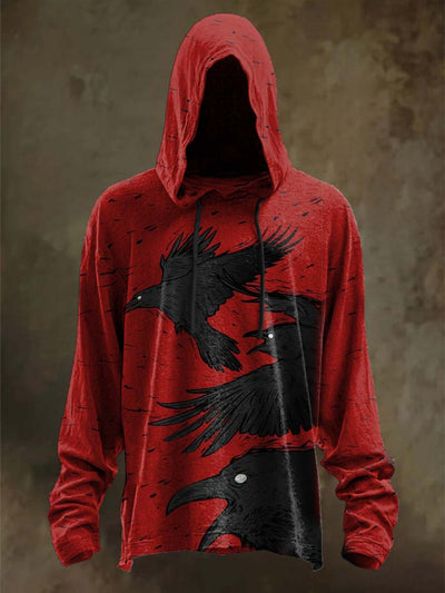 Halloween Raven Print Casual Long Sleeve Hooded Sweatshirt