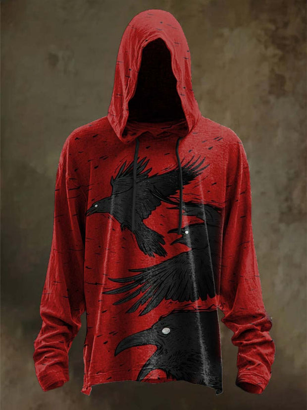 Halloween Raven Print Casual Long Sleeve Hooded Sweatshirt