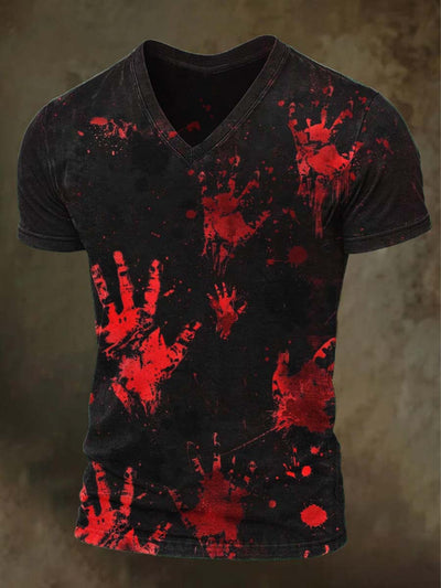 Halloween Scary Handprint Print Casual Short Sleeve V-Neck T-Shirt