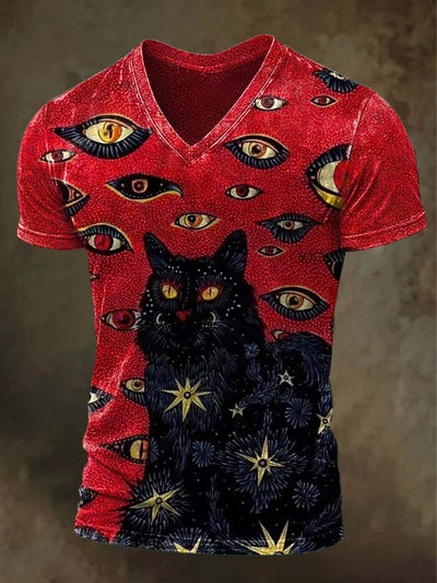 Halloween Black Cat Print Casual V-Neck T-Shirt