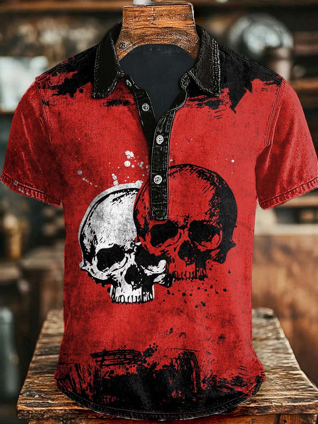 Halloween Two Color Skull Print Casual Short Sleeve Polo Shirt