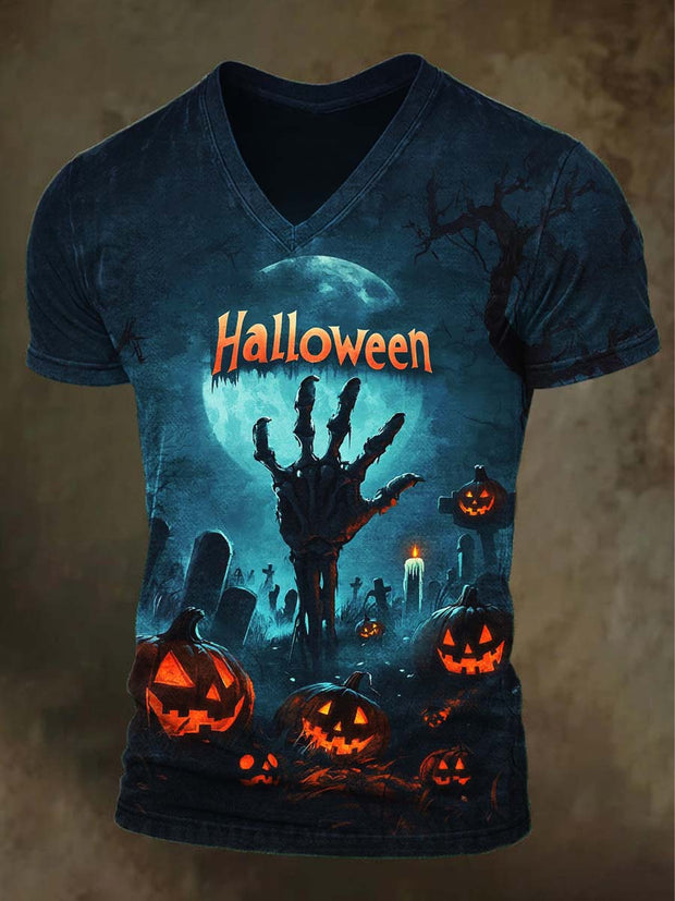 Halloween Scary Handprint Print Casual V-Neck T-Shirt