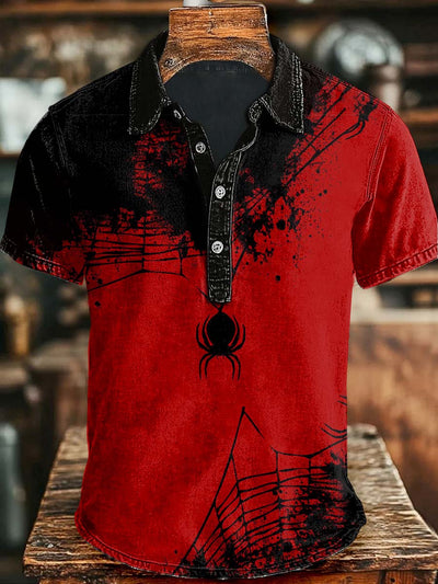 Halloween Spider Print Casual Short Sleeve Polo Shirt