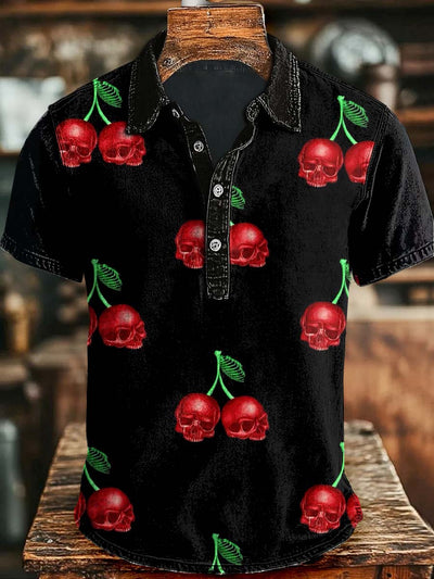 Halloween Cherry Skull Print Casual Short Sleeve Polo Shirt