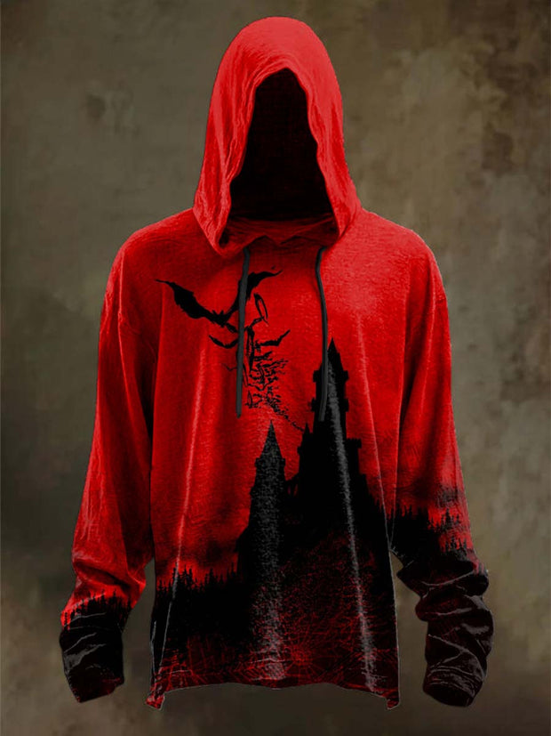Halloween Scary Castle Print Casual Long Sleeve Hooded Sweatshirt